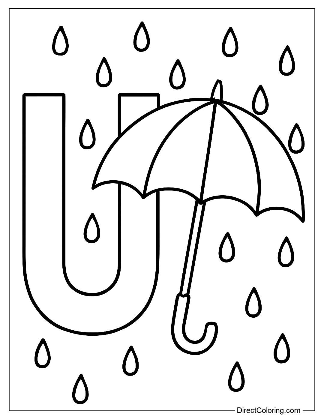 Coloring page of letter U with an open umbrella and raindrops falling around.